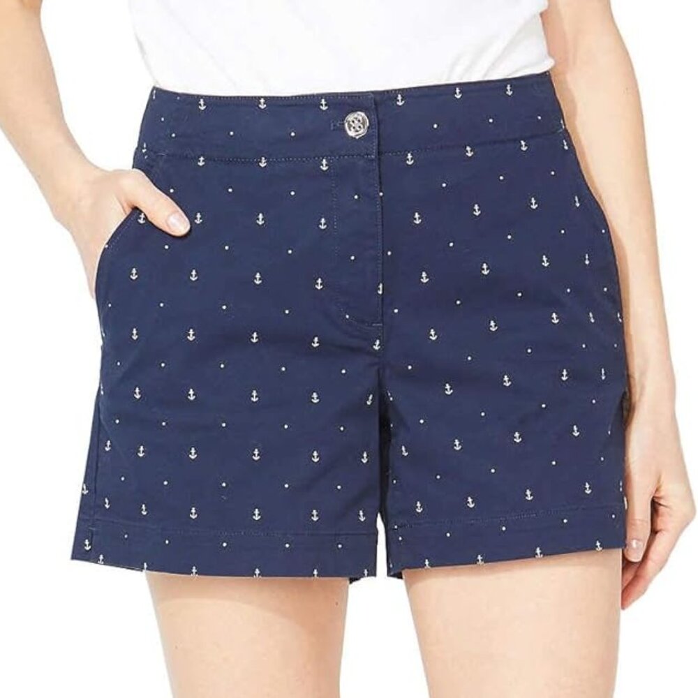 Nautica Shorts Womens 6 Navy Blue White Anchor Print Flat Front Coastal